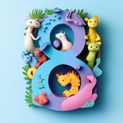 Paper cut style illustration, colorful 3D whimsical, text "8" made of cute animals