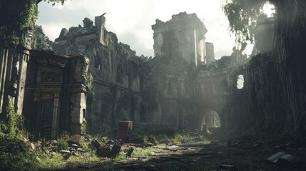Overgrown Ruins of a Stone Structure with Sunlight Filtering Through the Trees