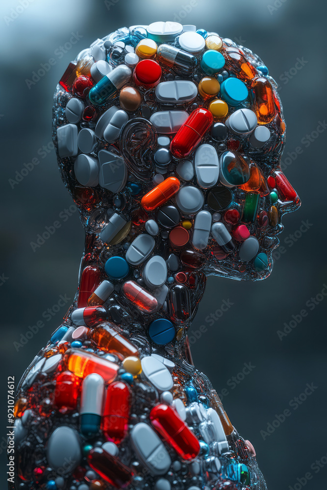 Poster A digital 3D body in profile view, with pills arranged to create a sense of movement and flow, as if the figure is in motion,