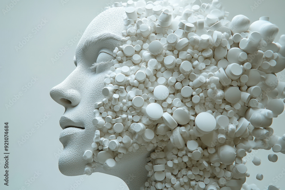 Poster a detailed 3d profile of a human figure made from pills, with the pills arranged to create a texture