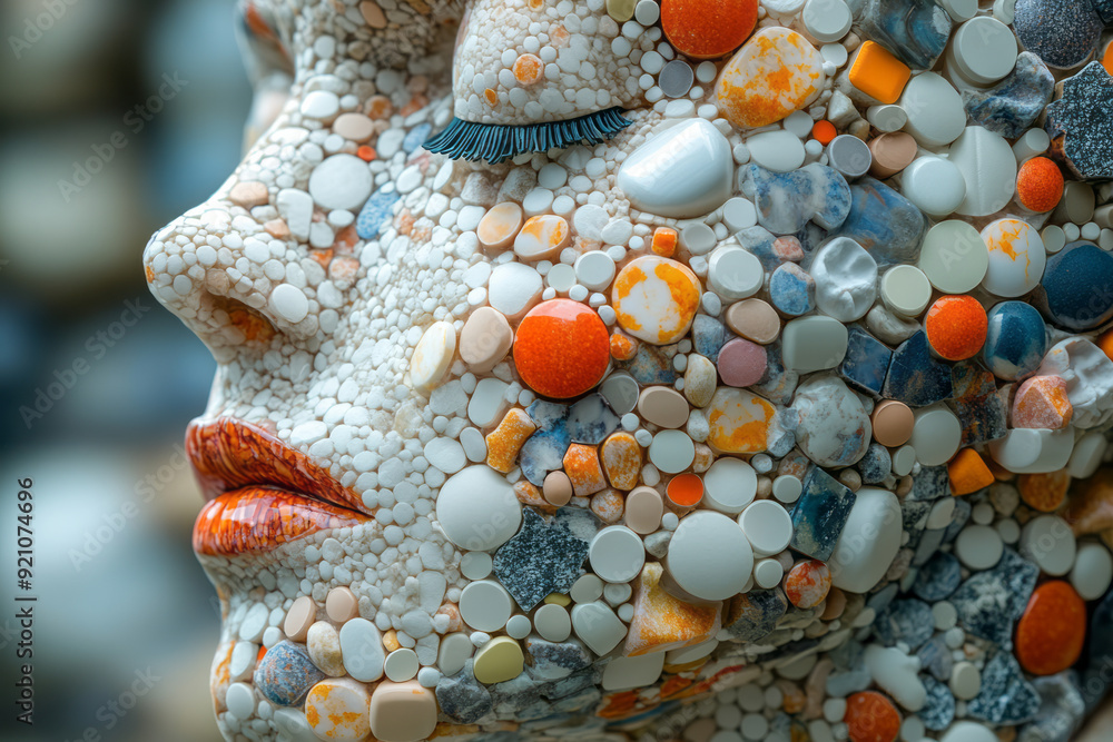 Poster a detailed 3d profile of a human figure made from pills, with the pills arranged to create a texture