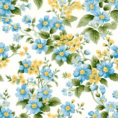 Charming blue and yellow floral pattern with lush green leaves on a white background.