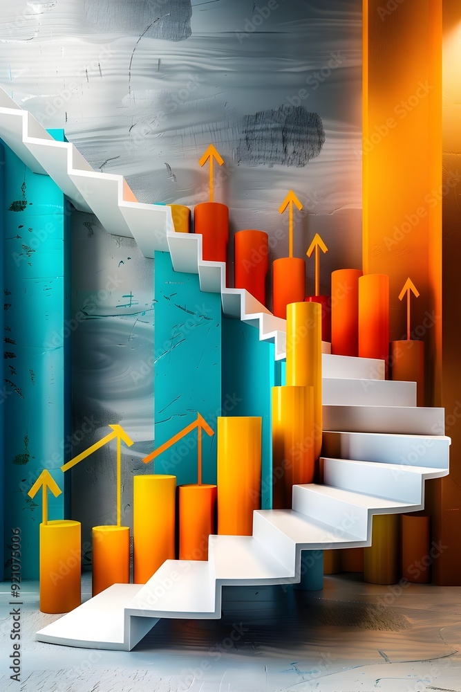 Poster abstract staircase with arrows and columns.
