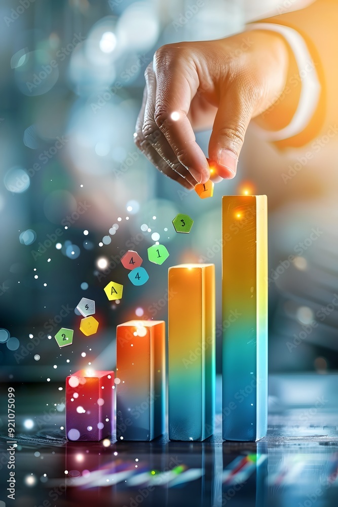 Poster hand placing block on bar graph showing growth and success.