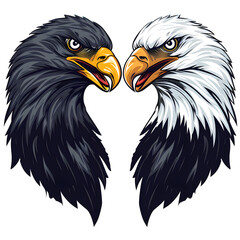 Fototapeta premium Two eagles with distinct plumage face one another, showcasing their fierce expressions and vibrant colors.