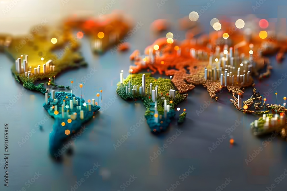 Poster global interconnectedness a 3d world map with illuminated cities.