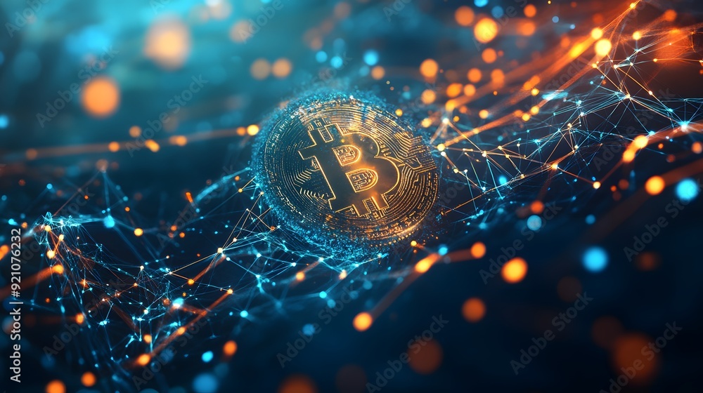 Wall mural 10. a stylized representation of bitcoin transactions flowing through a digital network