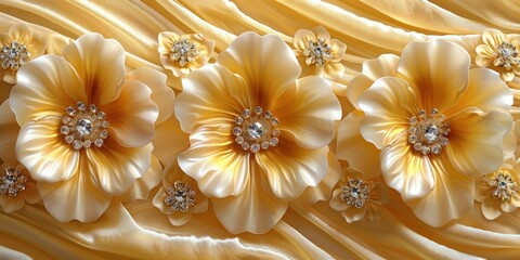 A close-up of a luxurious flower arrangement featuring golden petals and crystal embellishments