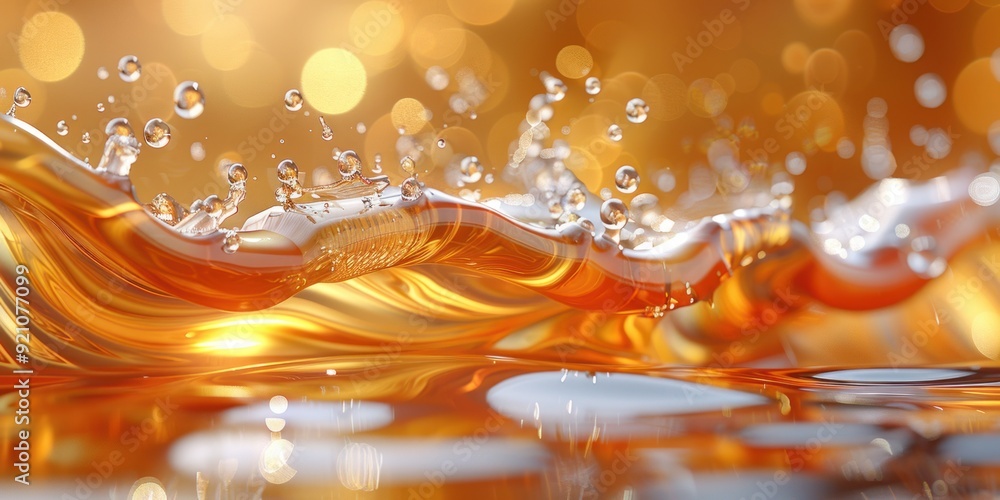Poster a close-up of a golden liquid splashing, with a bokeh background