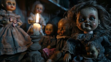 Obraz premium dolls looking at the camera in a room. fear or dark concept