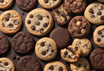Assortment of various chocolate chip cookies, showcasing different textures and flavors. Ideal for food, dessert, and baking themes