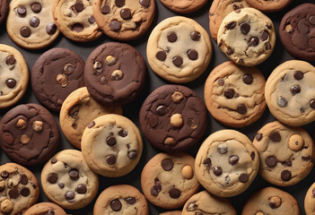 Obraz premium Assortment of various chocolate chip cookies, showcasing different textures and flavors. Ideal for food, dessert, and baking themes