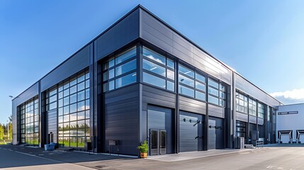 Obraz premium Modern Industrial Building with Large Windows and Garage Doors