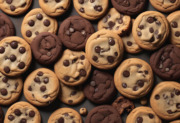 Obraz premium Assortment of various chocolate chip cookies, showcasing different textures and flavors. Ideal for food, dessert, and baking themes