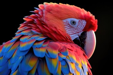 Obraz premium Close-up portrait of a scarlet macaw with bright red, blue, and yellow feathers