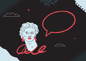 An eccentric design of a post or banner with a statue of the goddess circled with strokes of red paint and an empty bubble for dialogue next to it. Black and white template