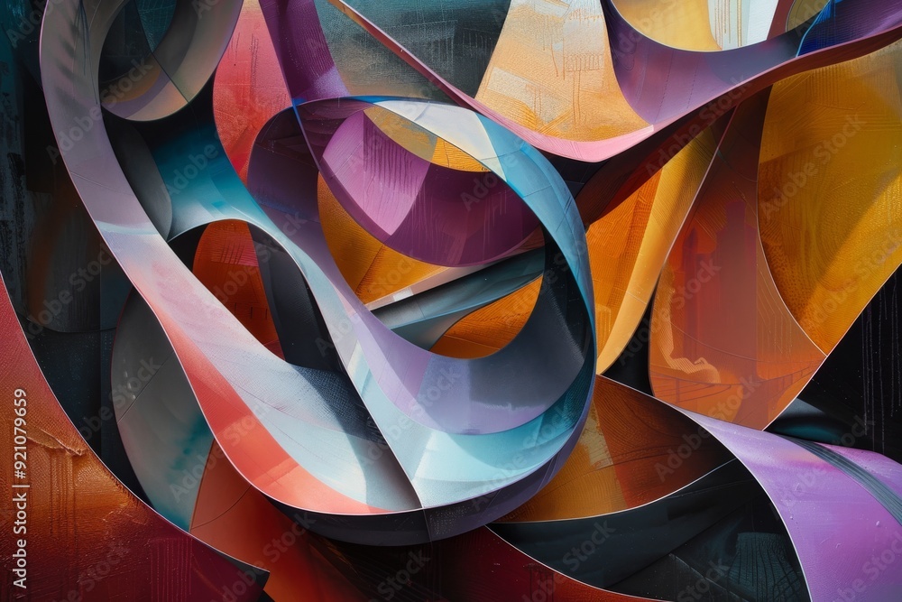 Poster a vibrant painting featuring an array of colorful shapes displayed on a wall, showcasing artistic cr