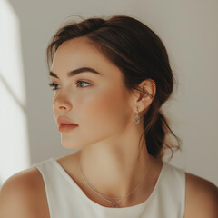 A woman in a minimalist style, with delicate silver jewelry, looking thoughtfully into the distance, representing simplicity and elegance in a clean setting.