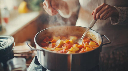 A woman stirring a pot of hearty stew, representing comfort and warmth in a cozy kitchen setting, emphasizing home-cooked meals and a nurturing lifestyle.