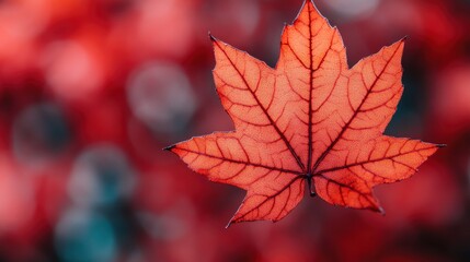 Fototapeta premium Vivid Red Maple Leaf Isolated on a Blurred Autumn Background.