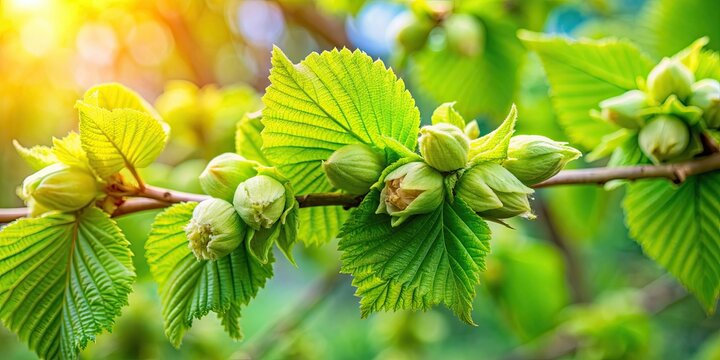 Blossoming hazelnut tree with green buds in spring , hazelnuts, buds, pollen, allergy, spring, blossoming, green, tree