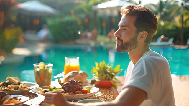 Man savouring a sumptuous breakfast buffet featuring an array of delicacies by a peaceful resort pool, symbolising opulent vacation and relaxation