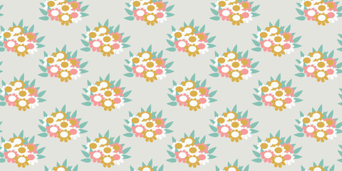 Flowers bouquet seamless pattern. Romantic floral print. Wrapping paper design for mothers day, women day, birthday and other celebration. Vector Flat Cartoon Background Illustration Botany concept.