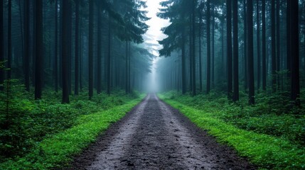 Obraz premium Misty Forest Path Leading Through Tall Pines.