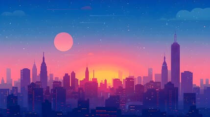 Minimalistic Cityscape at Dusk with Vibrant Color Palette and Architectural Silhouettes