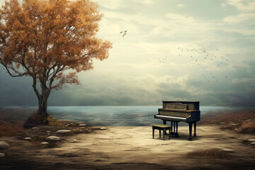 generated illustration grand piano with rural landscape with a path