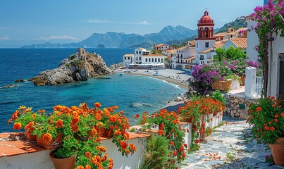 seaside town in spain with flowers fences,ocean in the background.