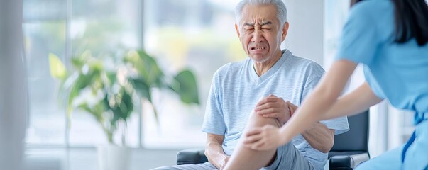 Elderly Asian man with a pained expression, receiving a leg massage from a physical therapist, Asian old man, discomfort, rehabilitation, therapeutic recovery and pain relief
