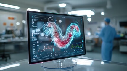 Naklejka premium Futuristic Hologram of Endoscopy Data Analysis and Computations on Isolated Background