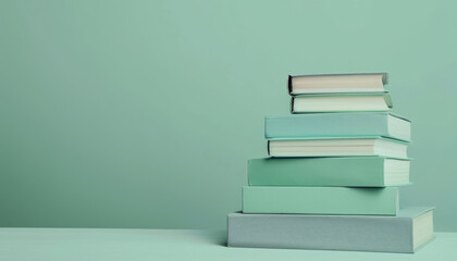 Fototapeta premium Book stack for copy space text. Pile of closed books on light green background, back to school concept