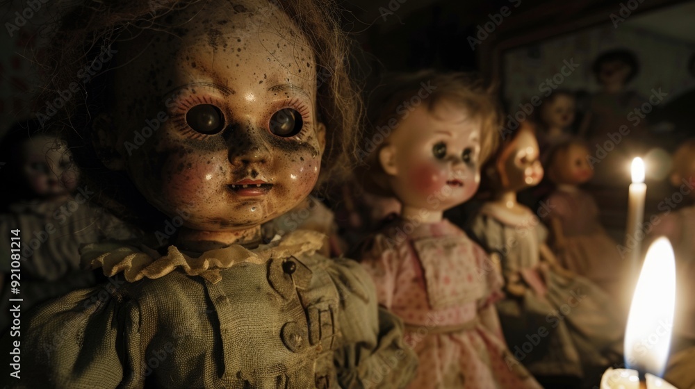 Wall mural dolls looking at the camera in a room. fear or dark concept