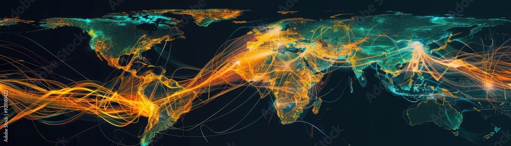 Poster abstract representation of global trade routes as flowing lines of energy connecting different conti