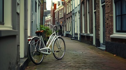 Fototapeta premium Quiet Brick Lined Street with Solitary Bicycle in Vintage Urban Scene