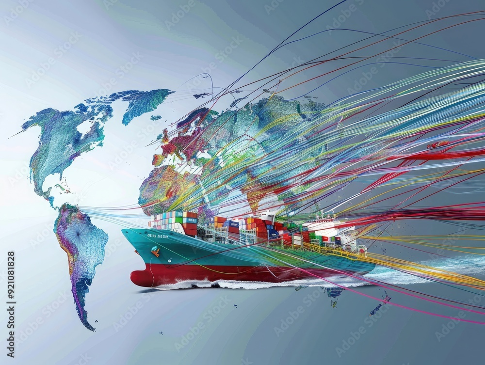 Poster a dynamic image showing the movement of goods from factory to ship to global markets, with arrows in