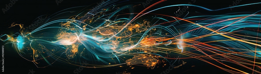 Poster abstract representation of global trade routes as flowing lines of energy connecting different conti