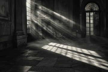 Sunlight streams through the arches of a building, highlighting the intricate design and creating a serene ambiance, A symphony of light and shadow, AI generated