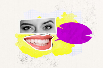Composite photo collage of happy girl cutout pieces surgery eyes smile mouth lips teeth talk bubble...