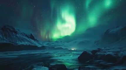 Naklejka premium Aurora Borealis Display Over Snowy Mountains and a River