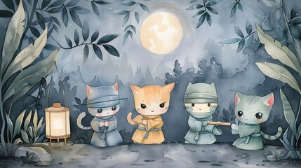 Stealthy Ninja Cat Watercolor Sneaking Through Moonlit Garden