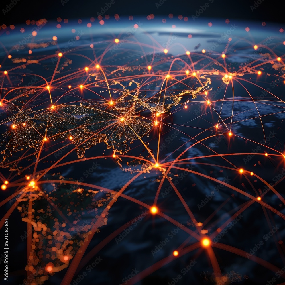 Poster digital representation of a cargo network with interconnected routes shown as glowing lines on a dar