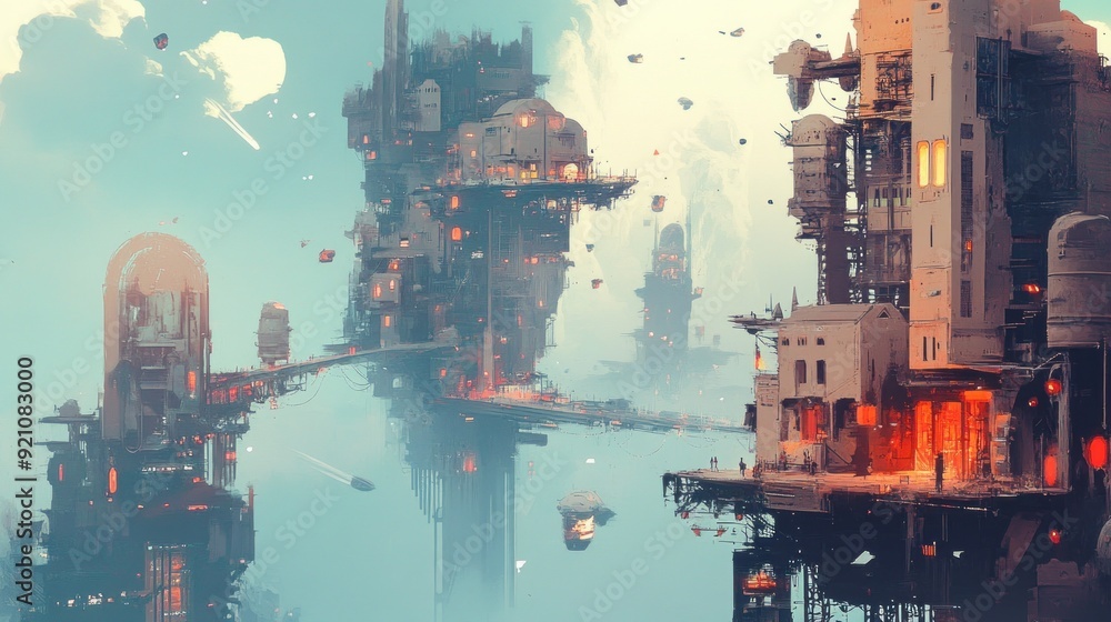 Poster futuristic cityscape with floating structures and glowing windows