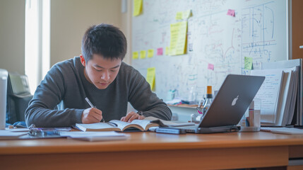 A PhD student studying at his desk focusing on writing his research with laptop, notebook, handwritten notes, diagrams, scrattered academic papers and large whiteboard 