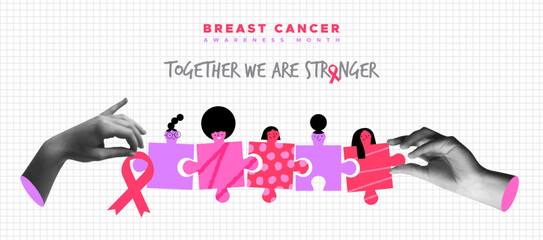 Breast Cancer diverse women as puzzle and hands in retro collage vector illustration