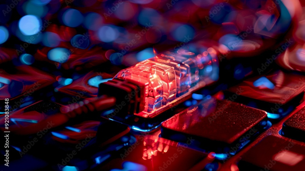 Poster close-up of a network cable plugged into a computer keyboard in a dark and colorful setting. the ima