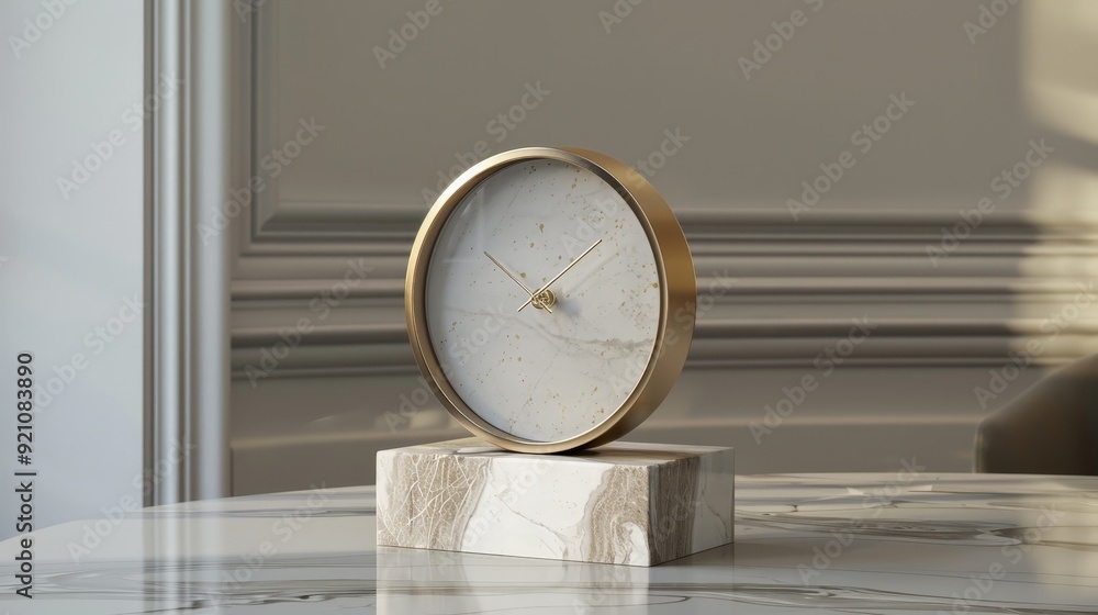 Poster a 3d model of an elegant table clock with a marble base and brass accents, adding a touch of sophist
