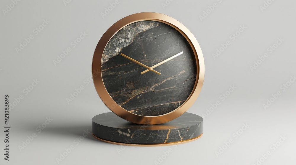 Poster a 3d model of an elegant table clock with a marble base and brass accents, adding a touch of sophist